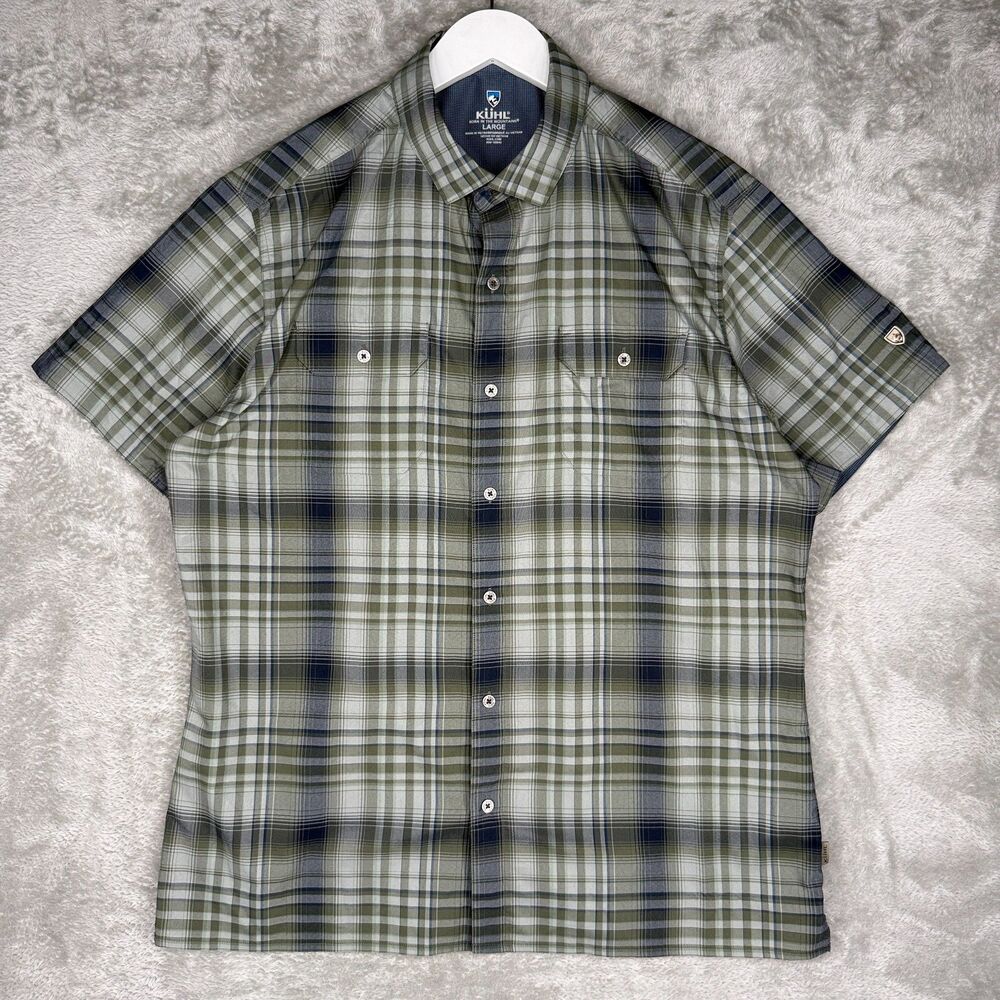 Kuhl Response Shirt Mens Large Blue Green Plaid Short Sleeve Button Up Outdoor